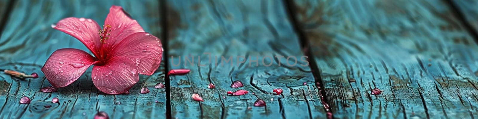 A pink flower sitting on a wooden table with water droplets, AI by starush