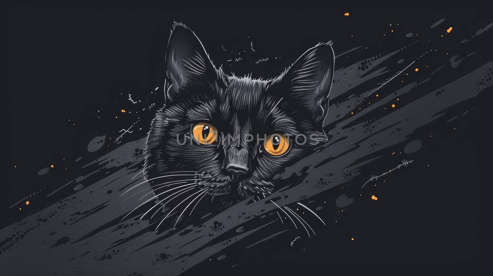 A black cat with yellow eyes on a dark background