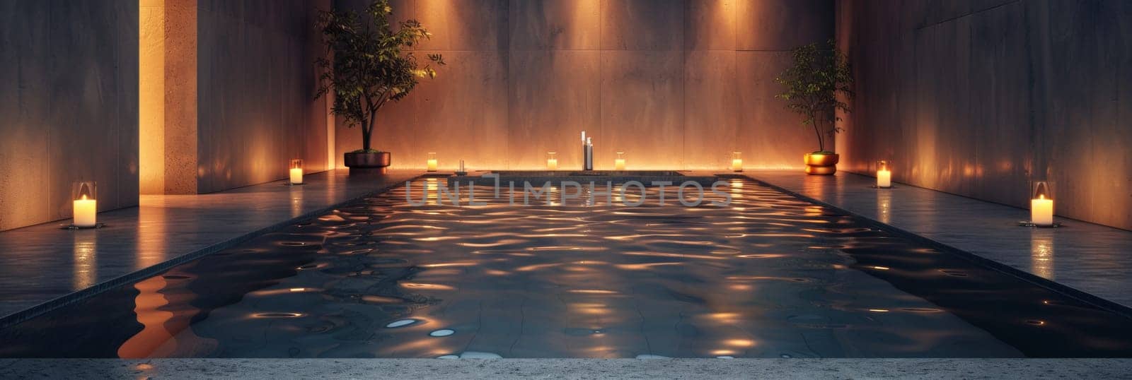 A pool with candles lit in the middle of it