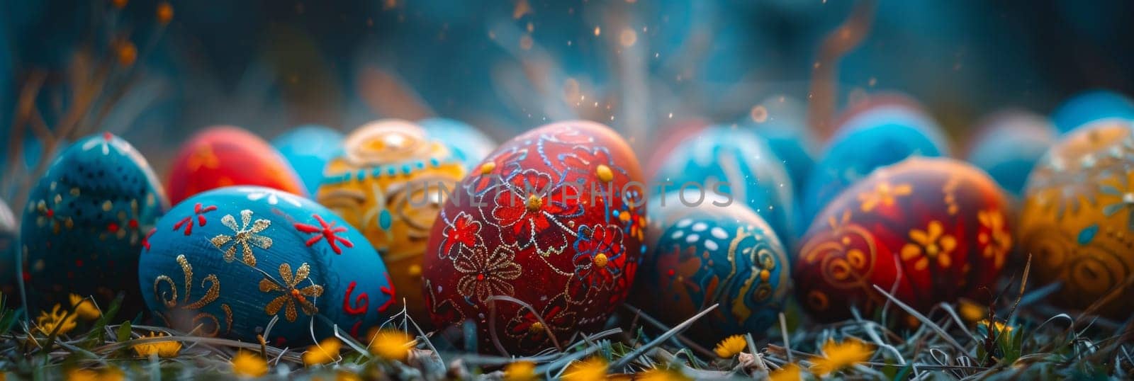 A bunch of colorful easter eggs are laying on the grass, AI by starush