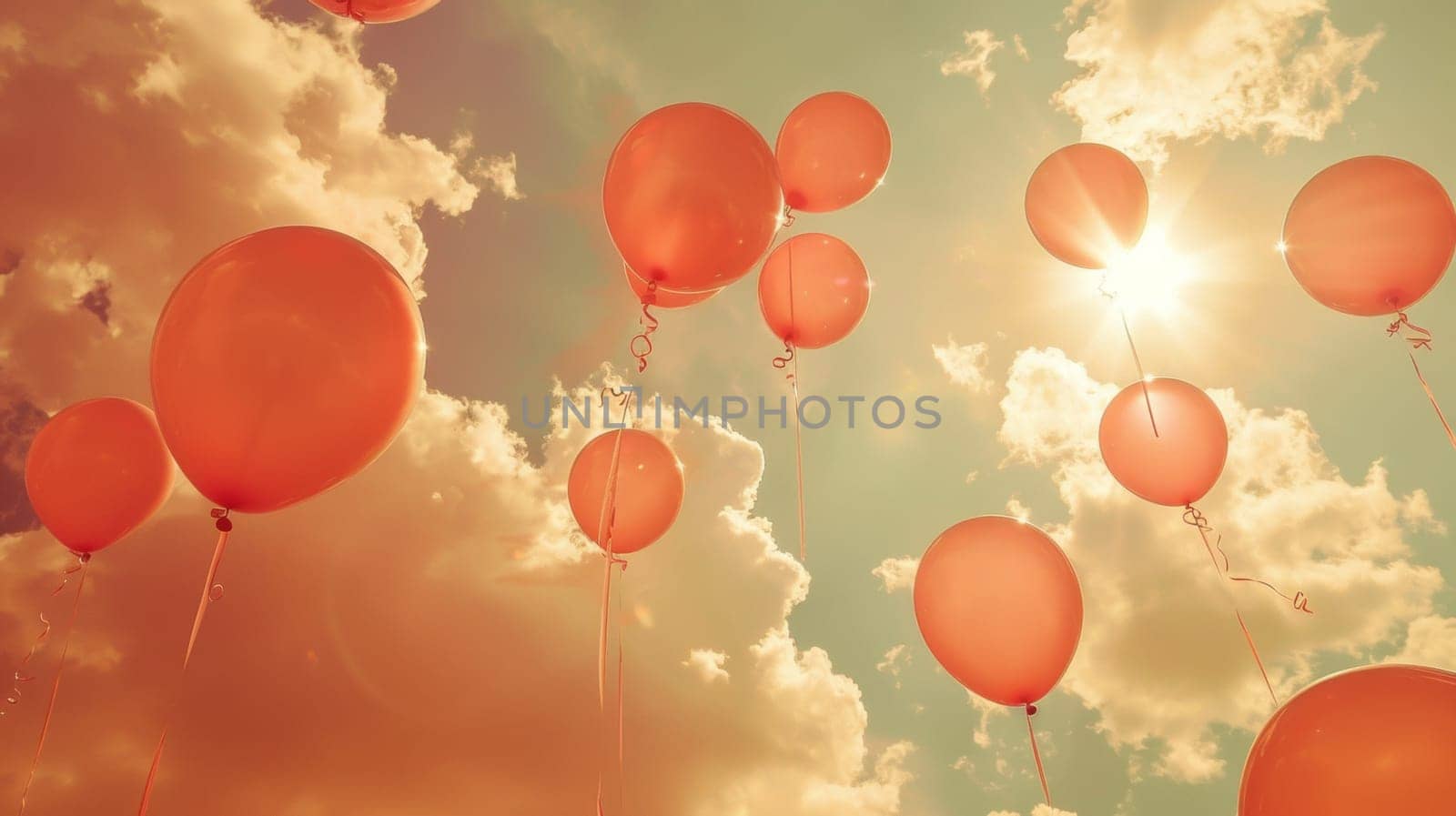 A bunch of balloons are flying in the sky with a sun