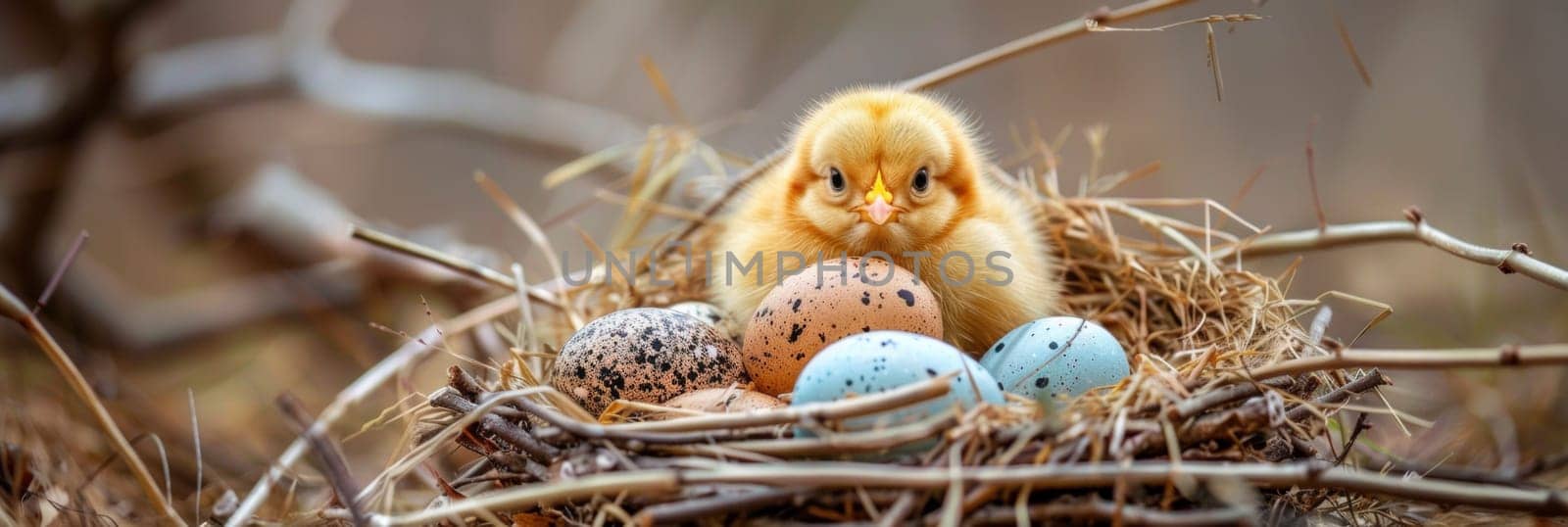 A small bird sitting in a nest with eggs on the ground