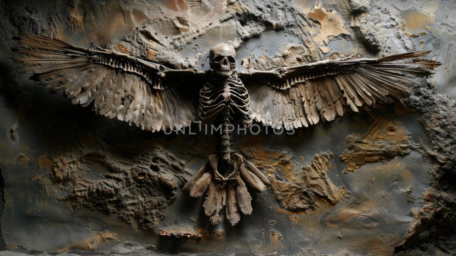 A skeleton of a bird with wings spread out on the wall