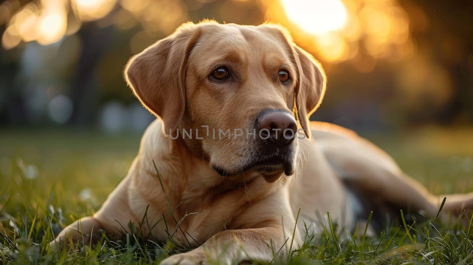 A dog laying on the grass with a sunset in background