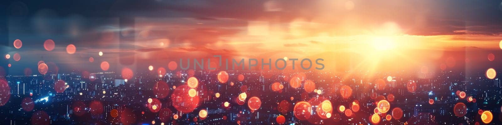 A city skyline with lights and sun in the background, AI by starush