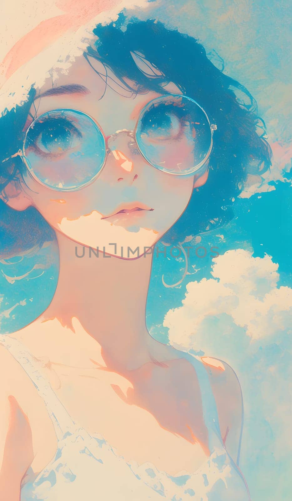 A girl with eyewear and a hat gazes up at the sky, showcasing her electric blue sunglasses. Her nose, lips, and eyelashes are painted beautifully, making her an artful vision care model