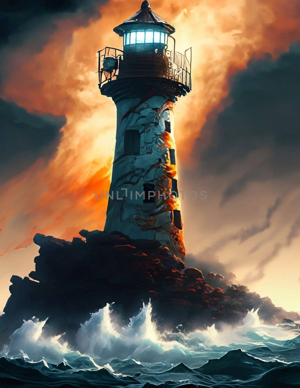 Lighthouse during a lightning storm at sea. Thunderstorm in the sea. Waves crash on rocky shores and rocks. Fantasy landscape. Artistic oil painting. Artwork sketch. Gaming background. by Costin