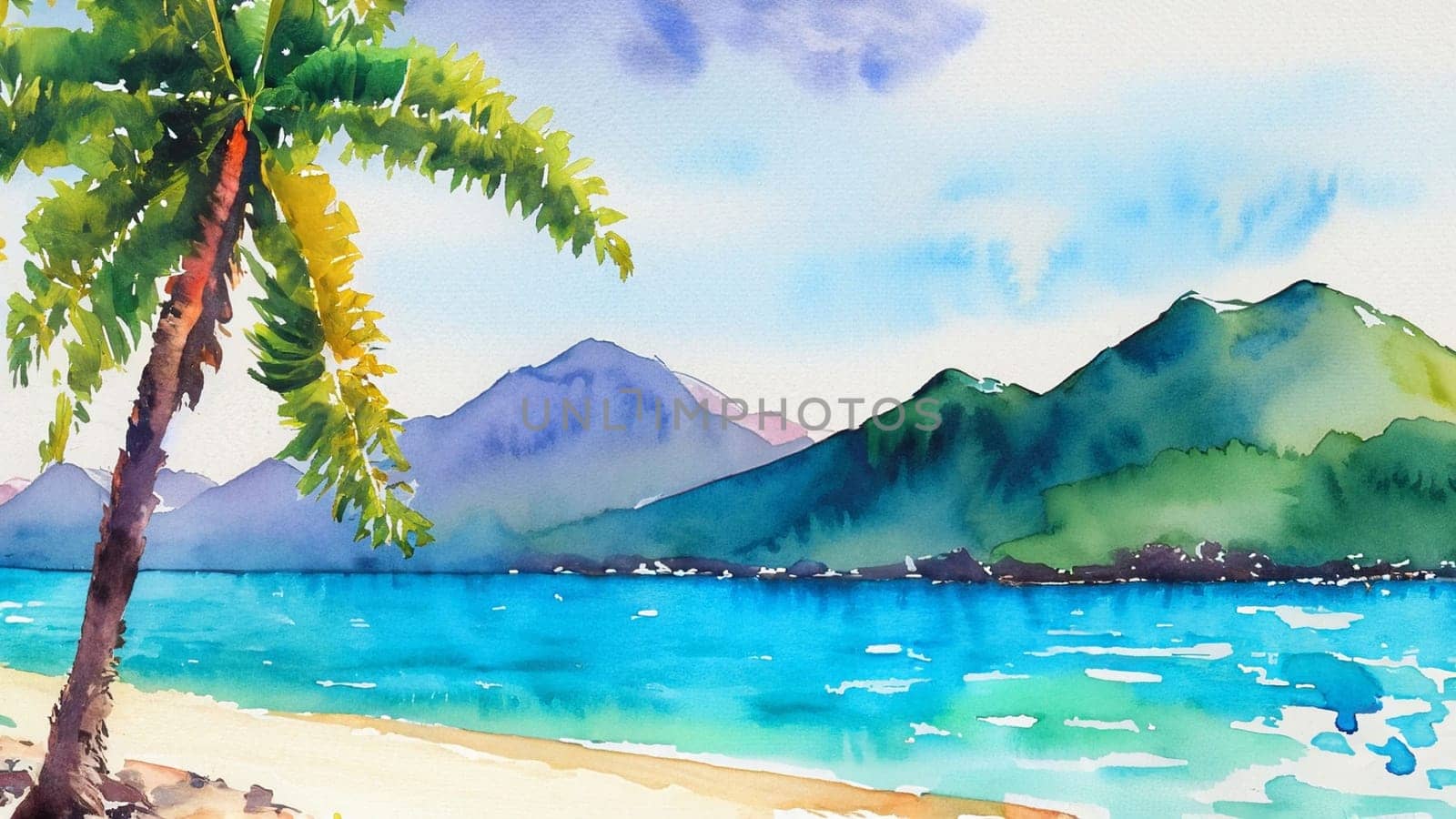 Watercolor tropical sunset landscape with ocean, sandy beach, palms, cloudy sky and mountains by Costin