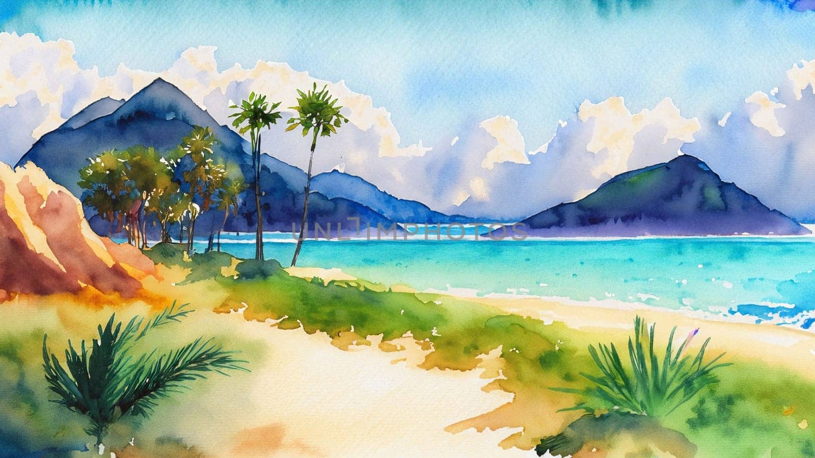 Watercolor tropical sunset landscape with ocean, sandy beach, palms, cloudy sky and mountains. High quality illustration