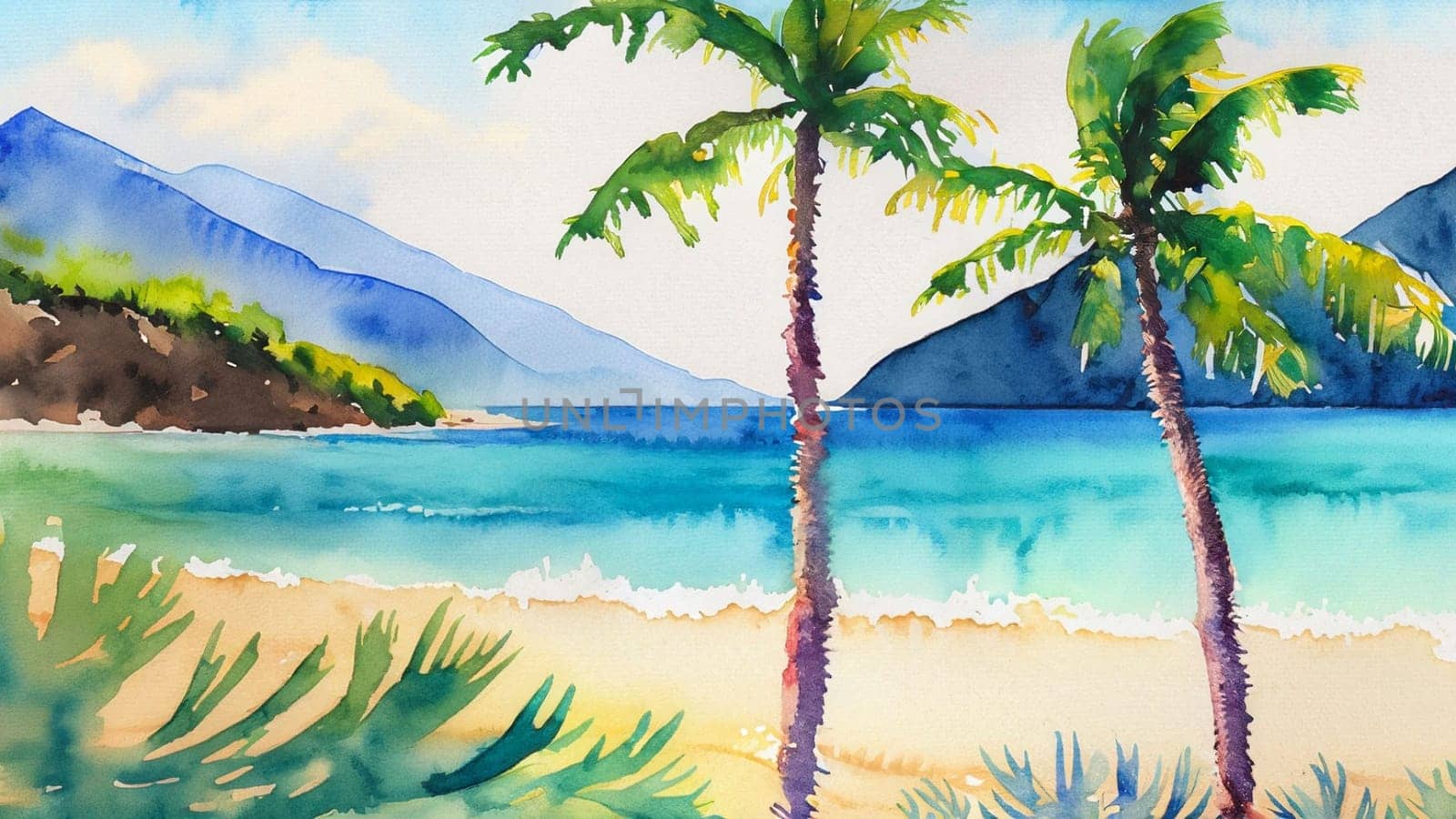 Watercolor tropical sunset landscape with ocean, sandy beach, palms, cloudy sky and mountains by Costin