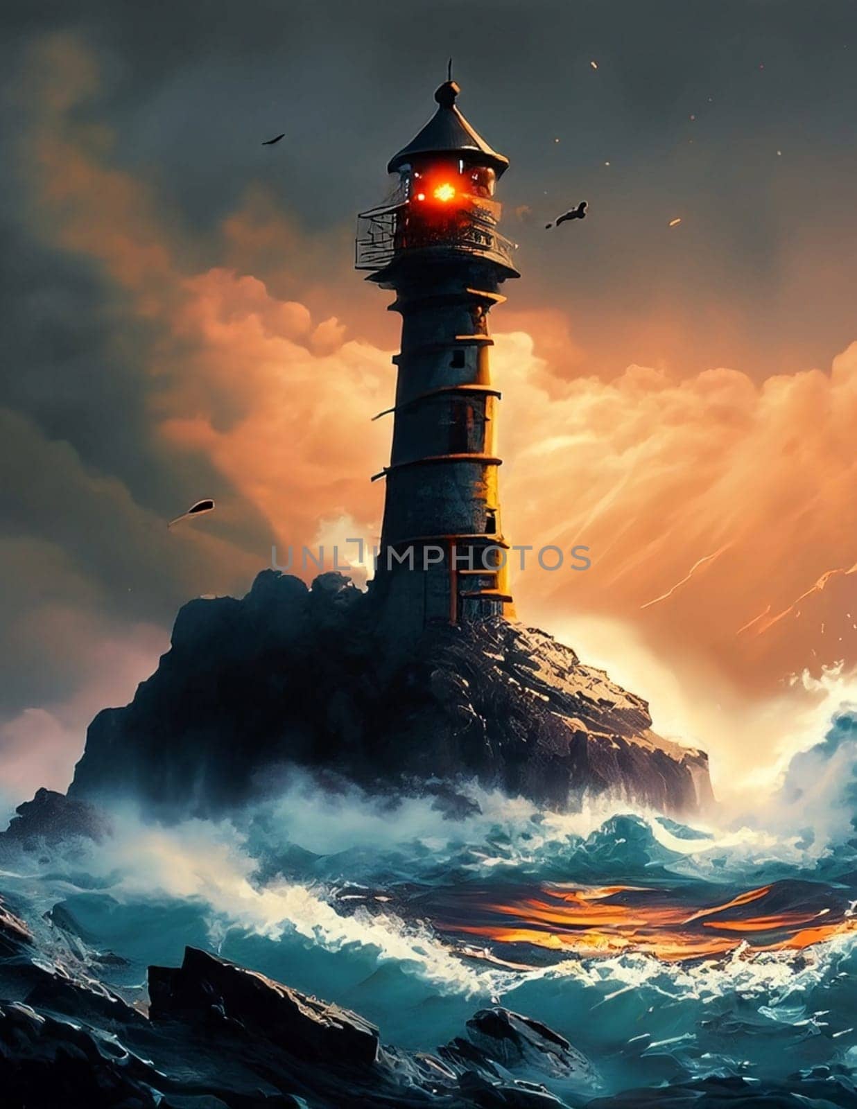 Lighthouse during a lightning storm at sea. Thunderstorm in the sea. Waves crash on rocky shores and rocks. Fantasy landscape. Artistic oil painting. Artwork sketch. Gaming background. by Costin