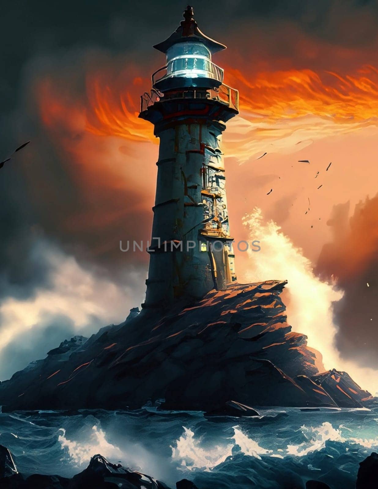 Lighthouse during a lightning storm at sea. Thunderstorm in the sea. Waves crash on rocky shores and rocks. Fantasy landscape. Artistic oil painting. Artwork sketch. Gaming background. High quality illustration