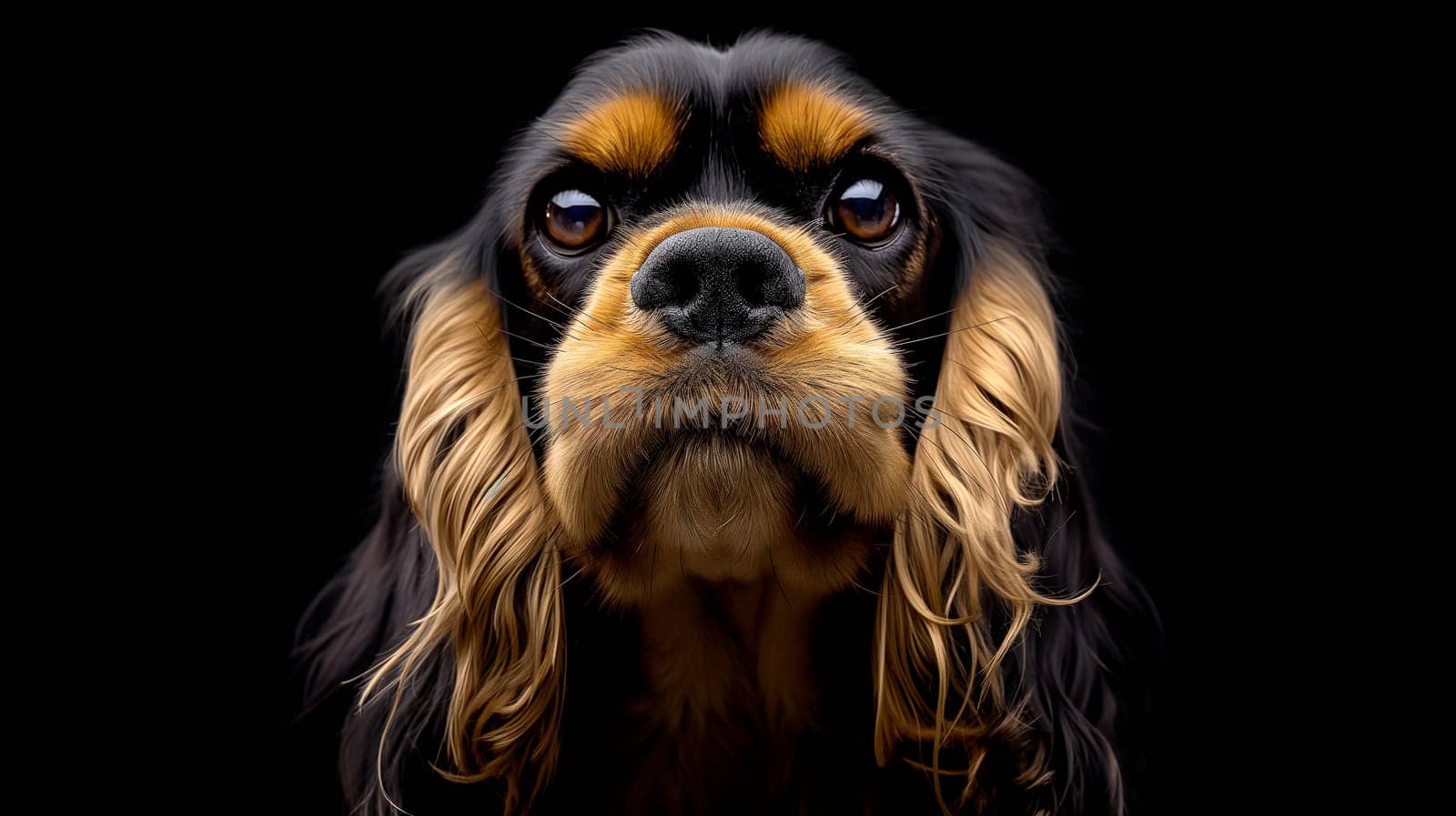 This image captures a detailed close-up of a Cavalier King Charles Spaniel, showcasing its soulful eyes and shiny coat against a stark black background.
