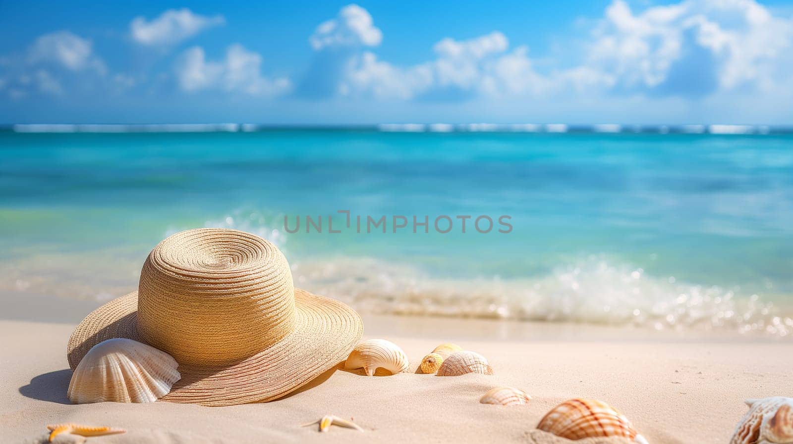 A straw hat rests among scattered seashells on a white sandy beach, with turquoise ocean waters and a clear blue sky in the background - Generative AI