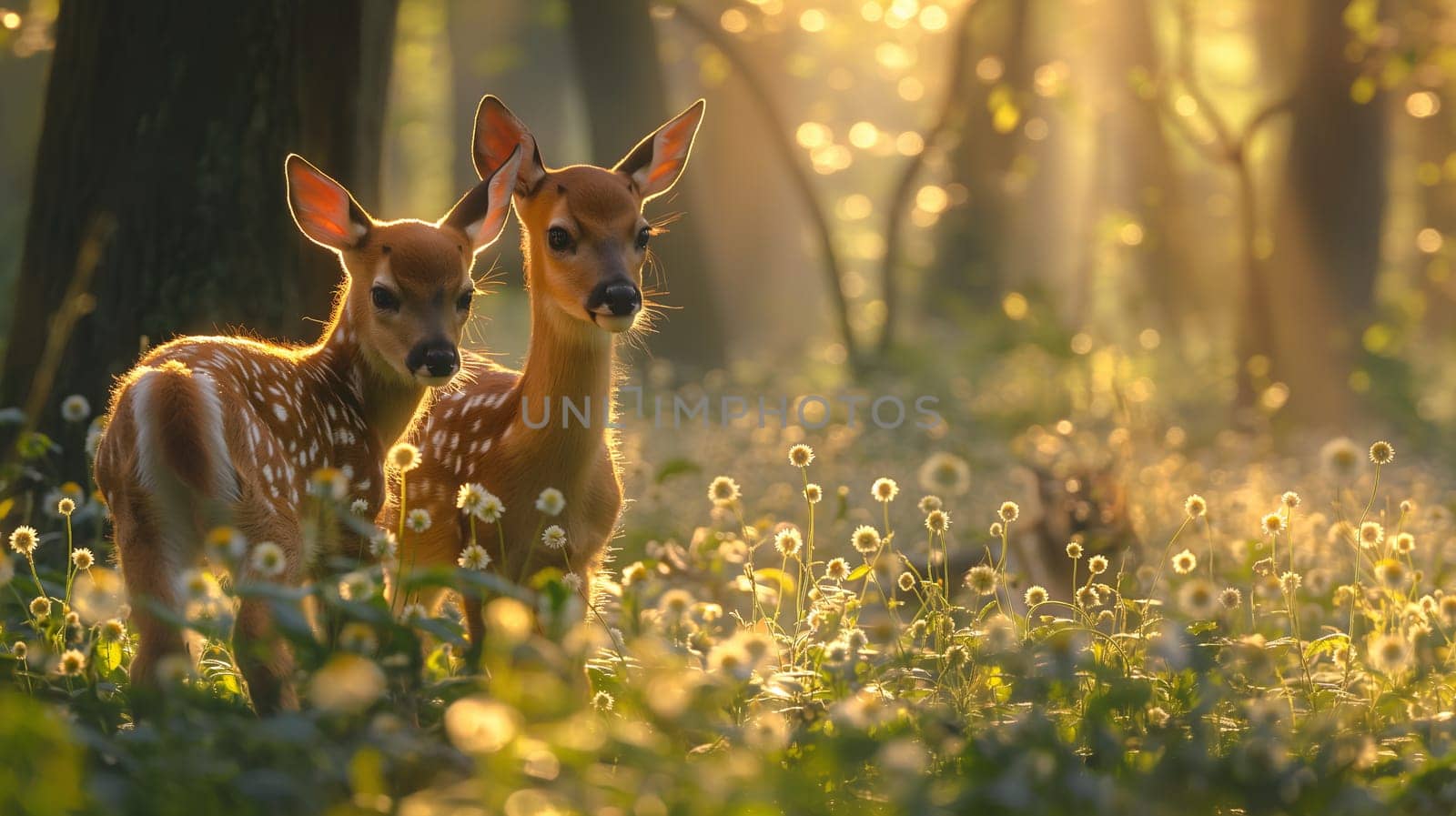 Twin Fawns at Golden Hour in Flowering Meadow by chrisroll