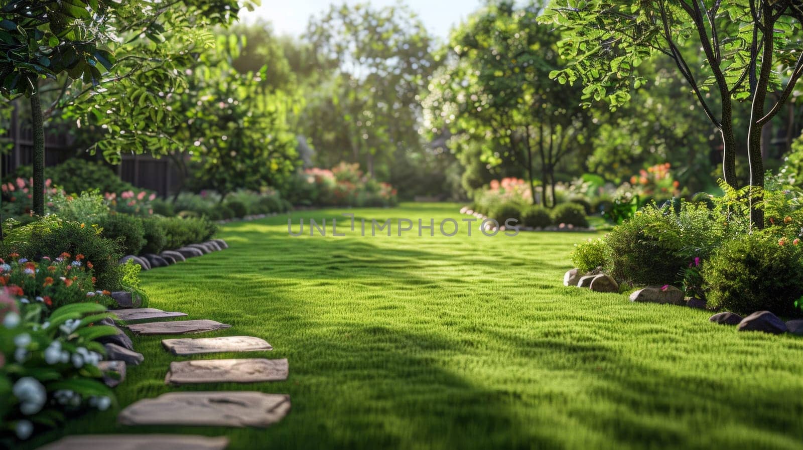 A lush green grassy lawn with stepping stones leading to a flower garden