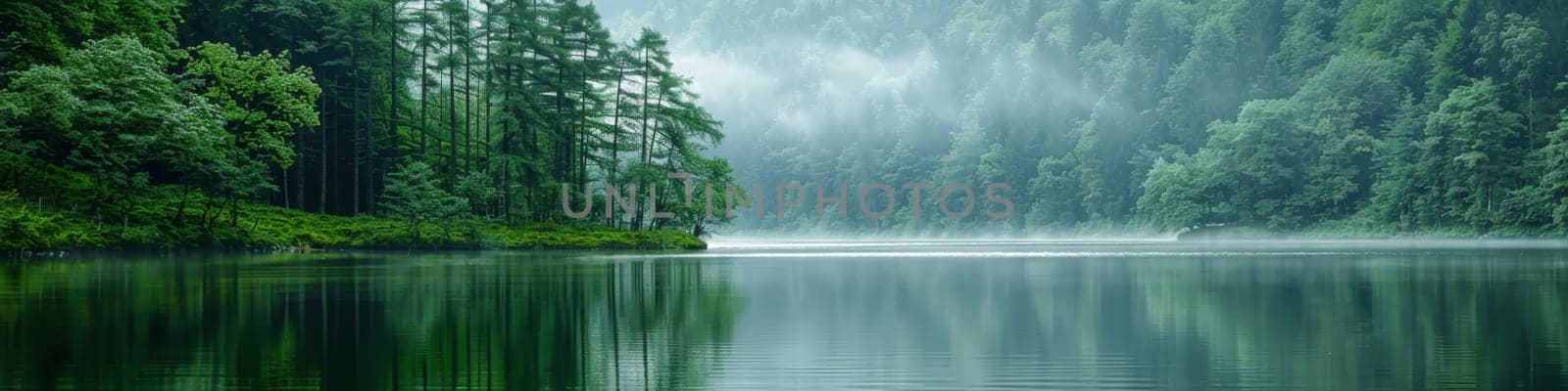 A lake surrounded by trees and fog in the distance
