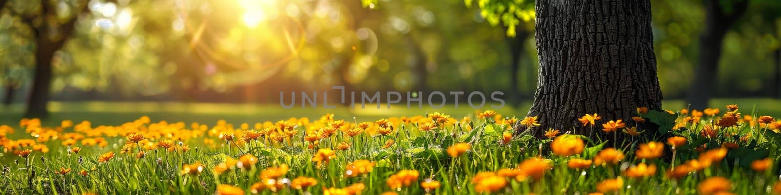 A field of yellow flowers with a tree in the background