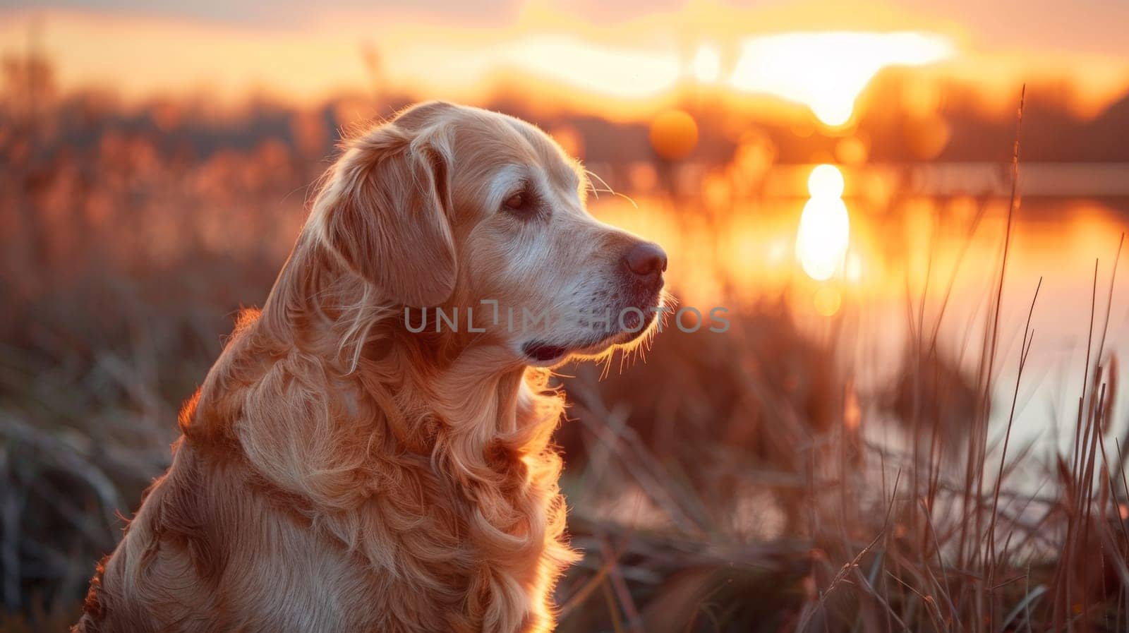 A dog sitting in the grass next to a lake at sunset, AI by starush