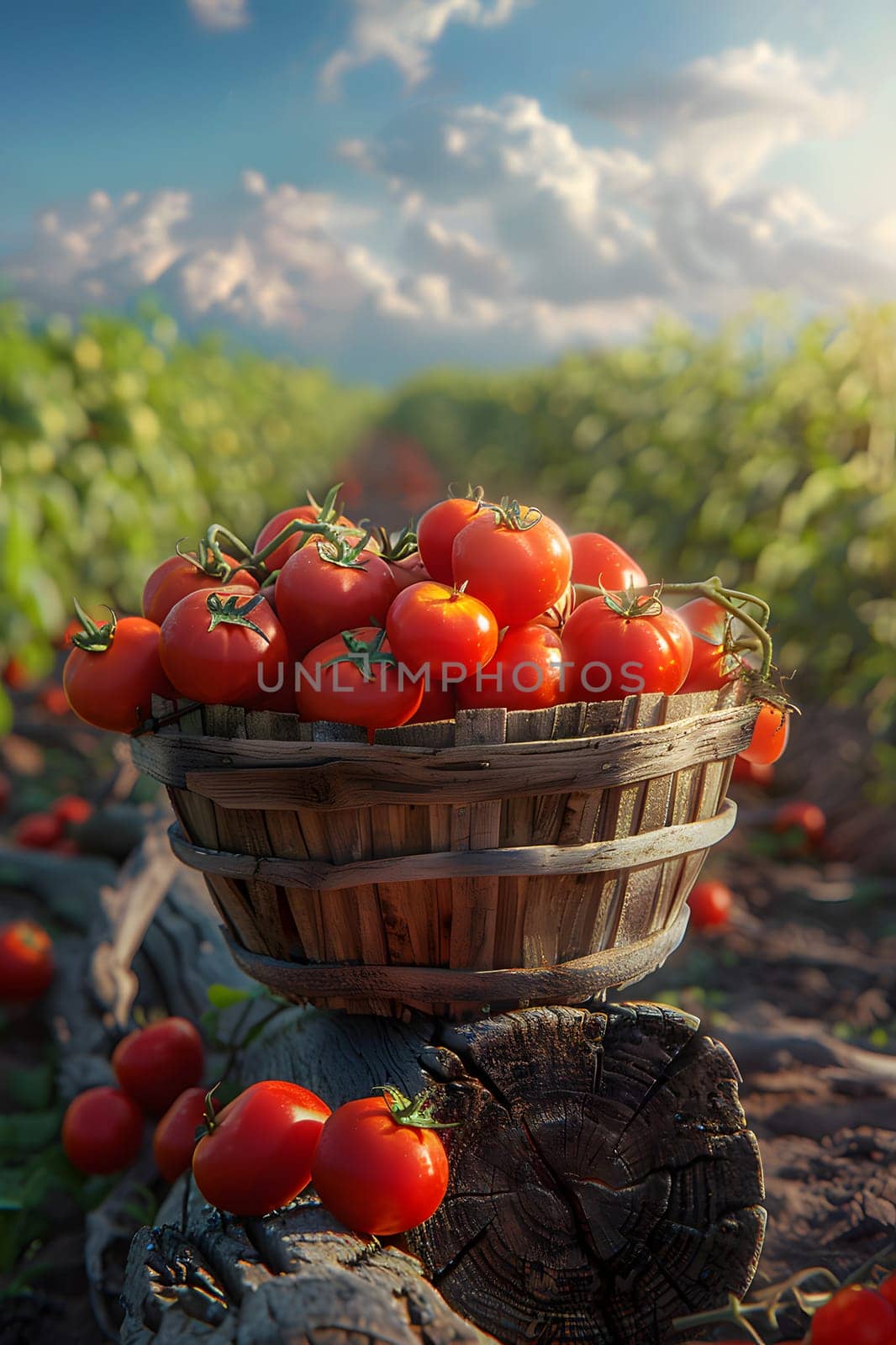 A basket filled with tomatoes sits on a tree stump in a field under the cloudy sky. The tomatoes are natural foods and can be used as ingredients in recipes