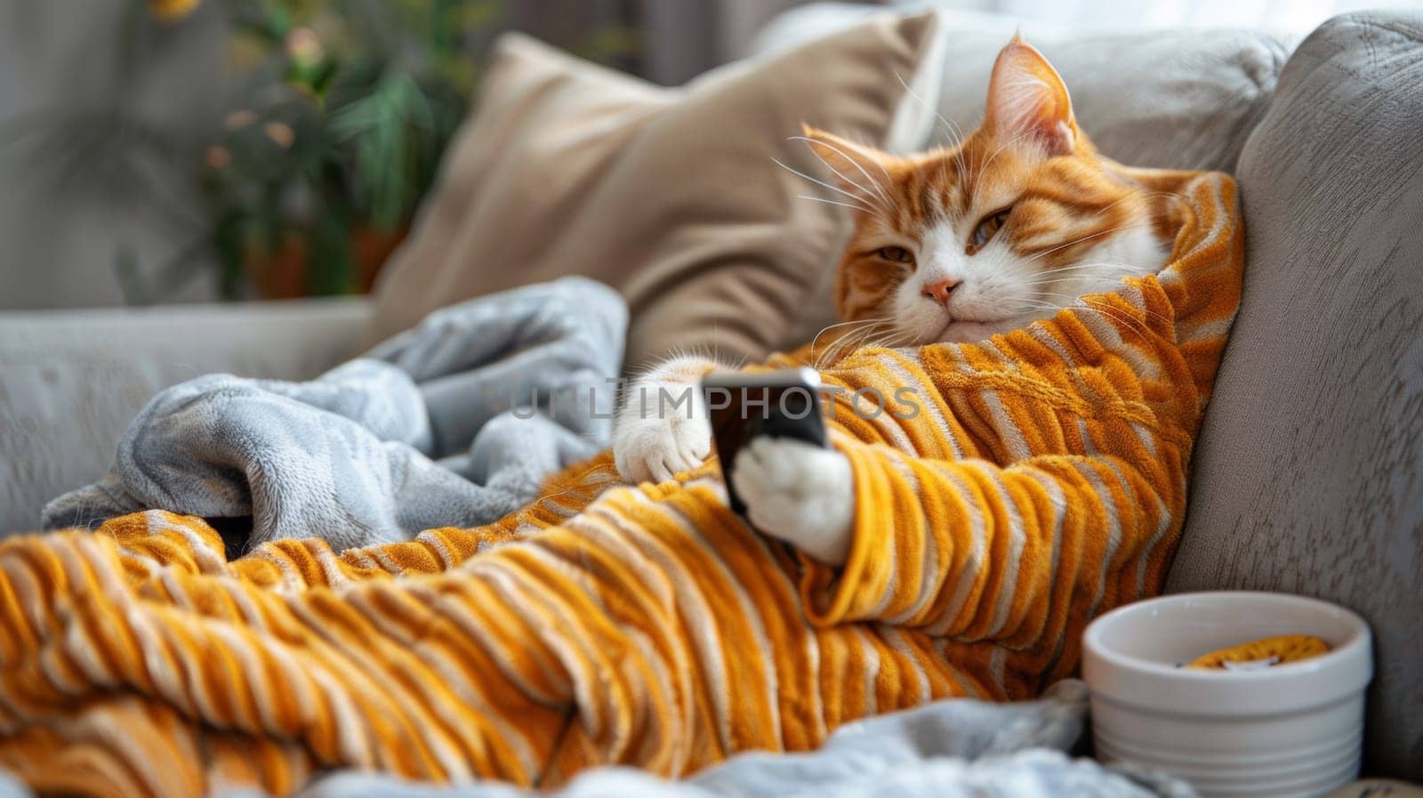 A cat in a yellow and orange striped blanket on the couch