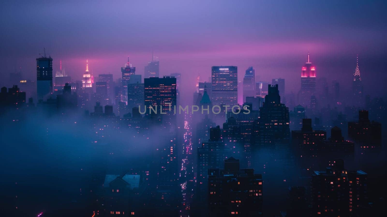 A city skyline lit up at night with fog in the background