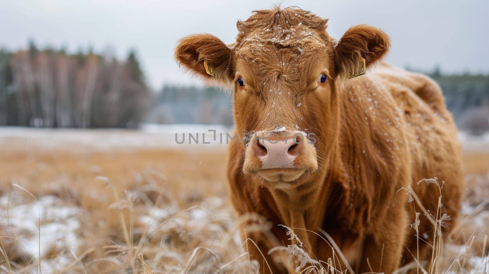 A brown cow standing in a field of tall grass, AI by starush