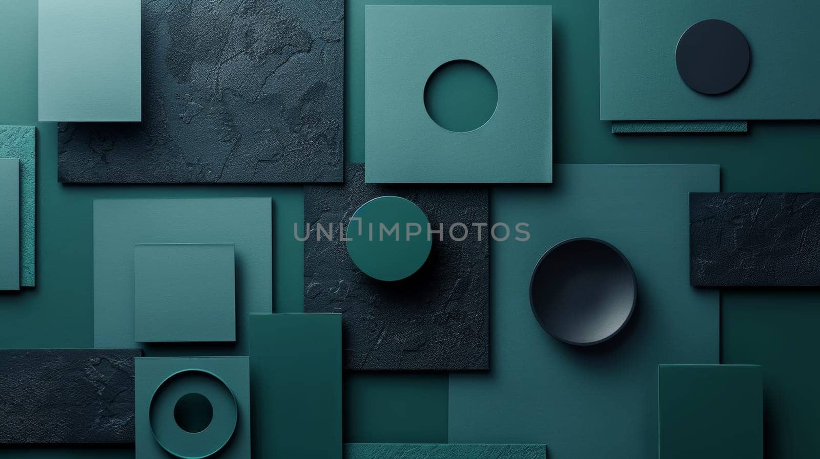 A group of abstract shapes and circles on a green background