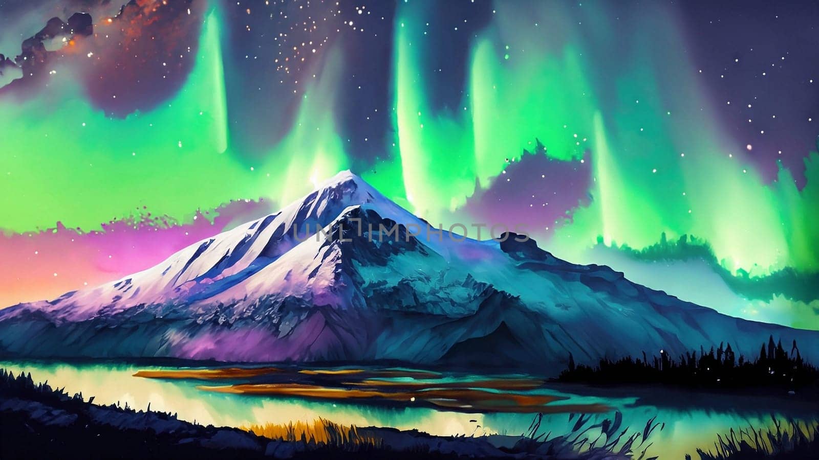 Northern lights in the night sky over the mountains. Abstract painting. Impressionist style. Imitation of oil painting. Painting for interior. Digital illustration. High quality illustration