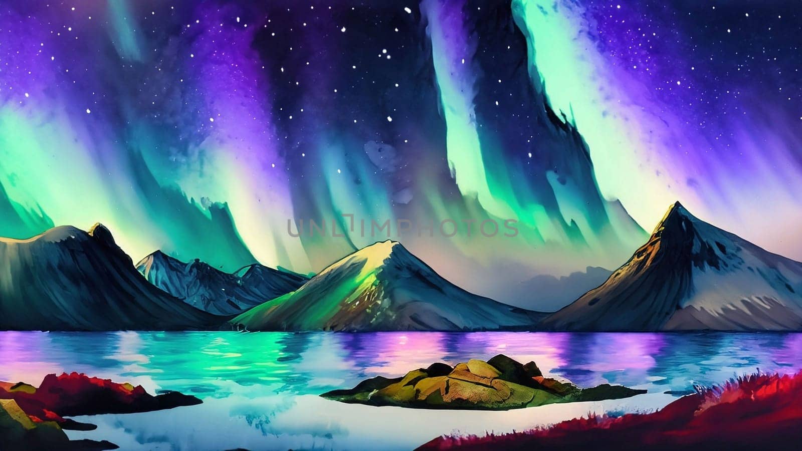 Northern lights in the night sky over the mountains. Abstract painting. Impressionist style. Imitation of oil painting. Painting for interior. Digital illustration. High quality illustration