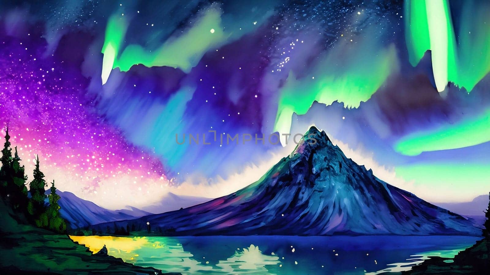 Northern lights in the night sky over the mountains. Abstract painting. Impressionist style. Imitation of oil painting. Painting for interior. Digital illustration. by Costin