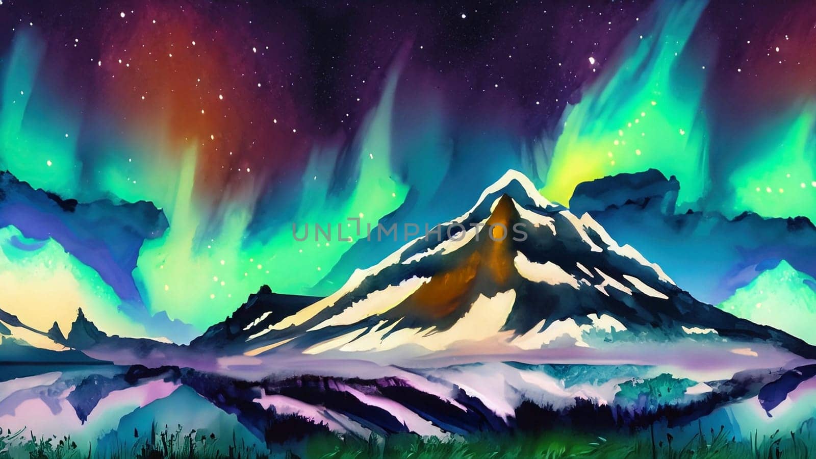 Northern lights in the night sky over the mountains. Abstract painting. Impressionist style. Imitation of oil painting. Painting for interior. Digital illustration. by Costin