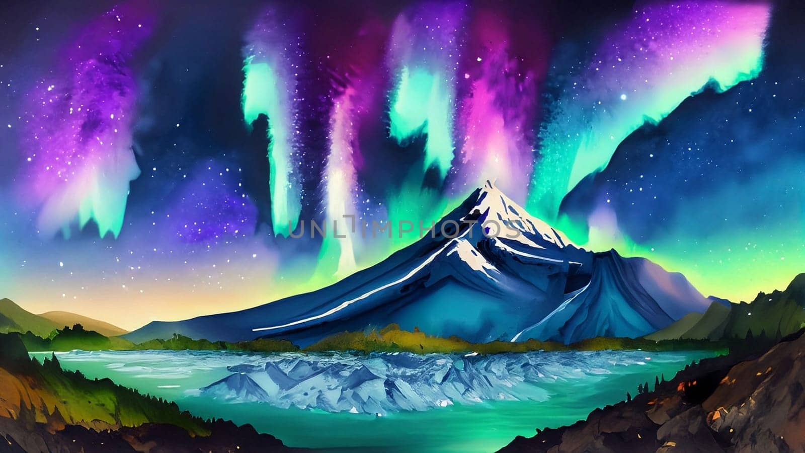 Northern lights in the night sky over the mountains. Abstract painting. Impressionist style. Imitation of oil painting. Painting for interior. Digital illustration. High quality illustration