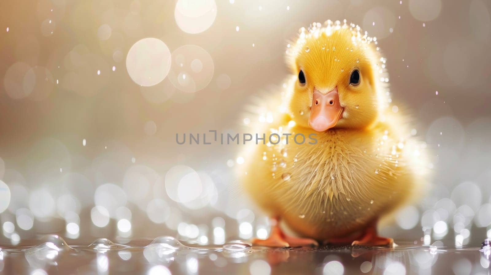 A small yellow duckling sitting on a wet surface with water droplets, AI by starush
