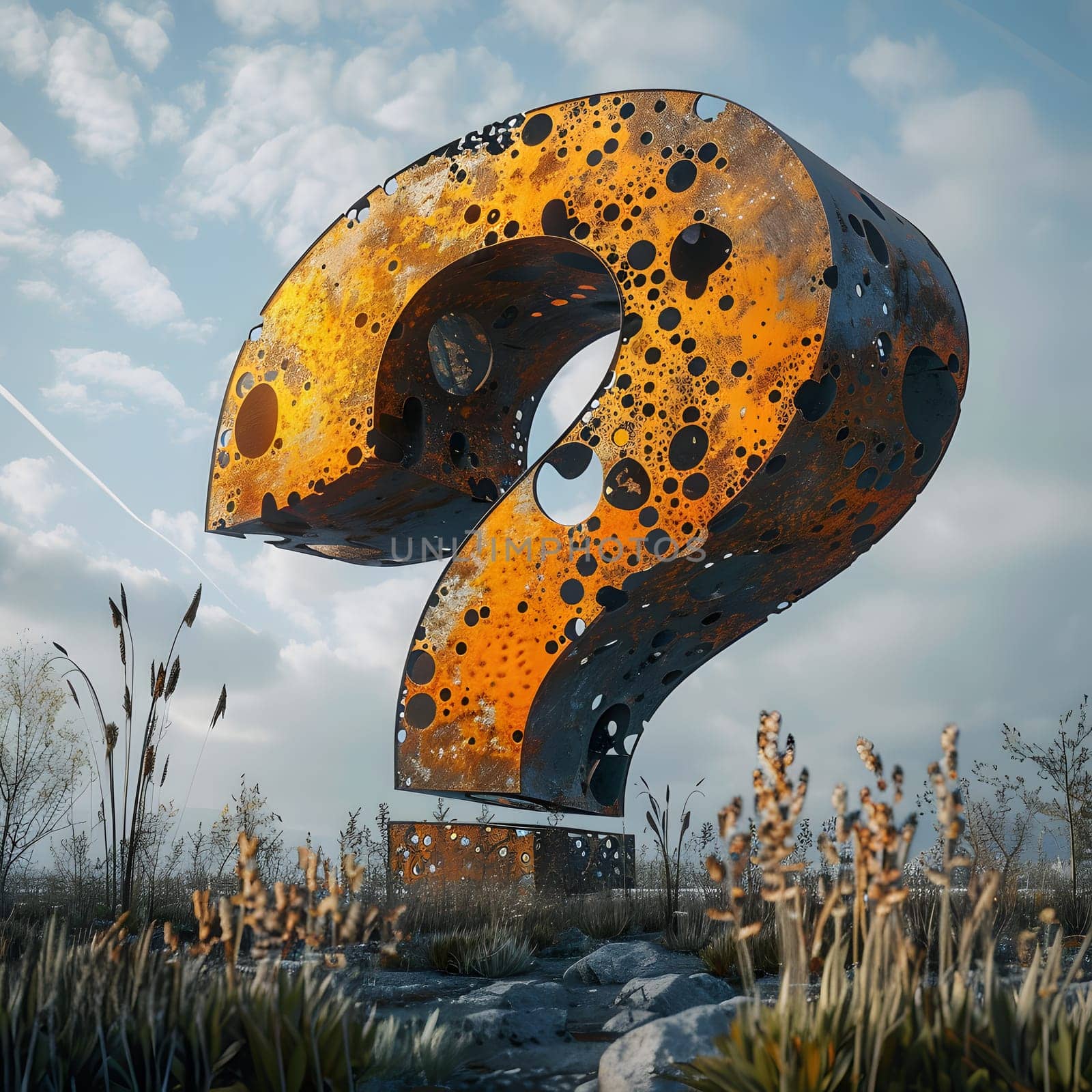 A weathered question mark is resting in the center of a vast grassy field, surrounded by the beauty of nature and a peaceful sky above
