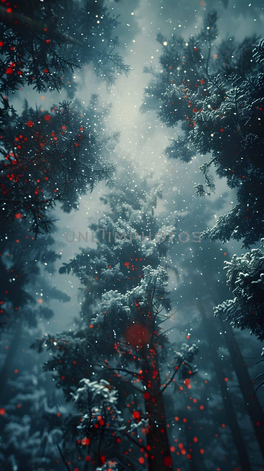 Snowcovered forest with red berries on trees, under dark sky by Nadtochiy