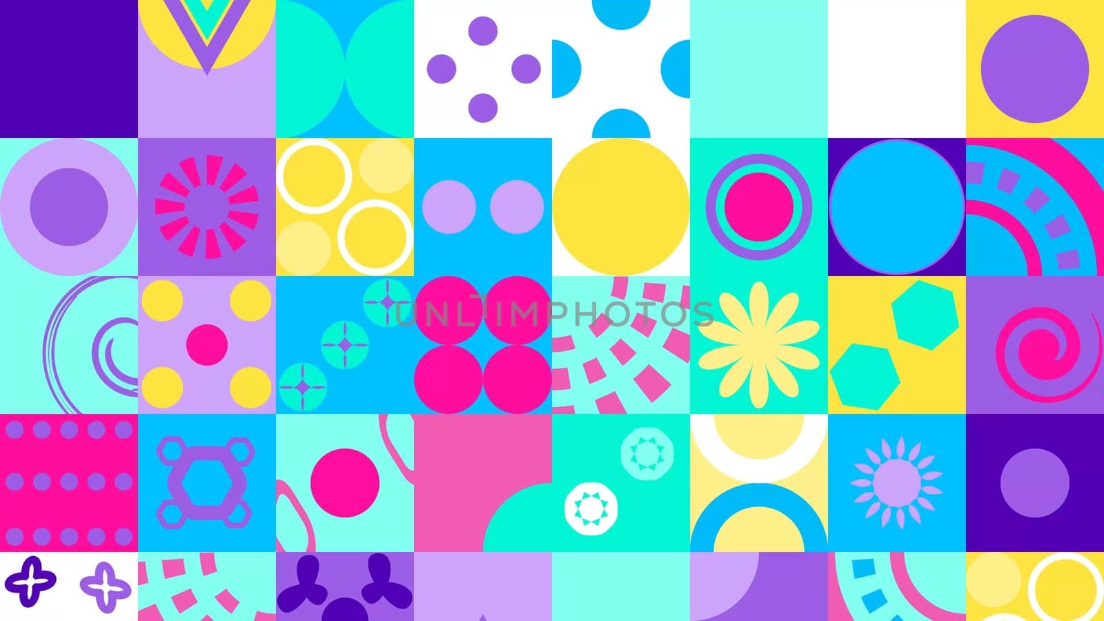 Seamless Pattern of Pop and Colorful Abstract Geometric Shape. Blue pink purple and yellow color.