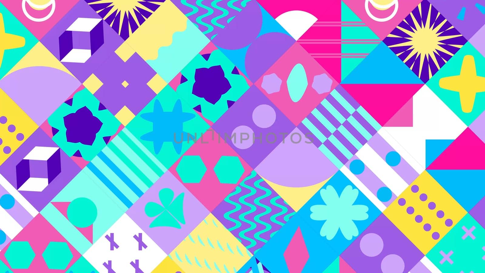 Seamless Pattern of Pop and Colorful Abstract Geometric Shape. Blue pink purple and yellow color.