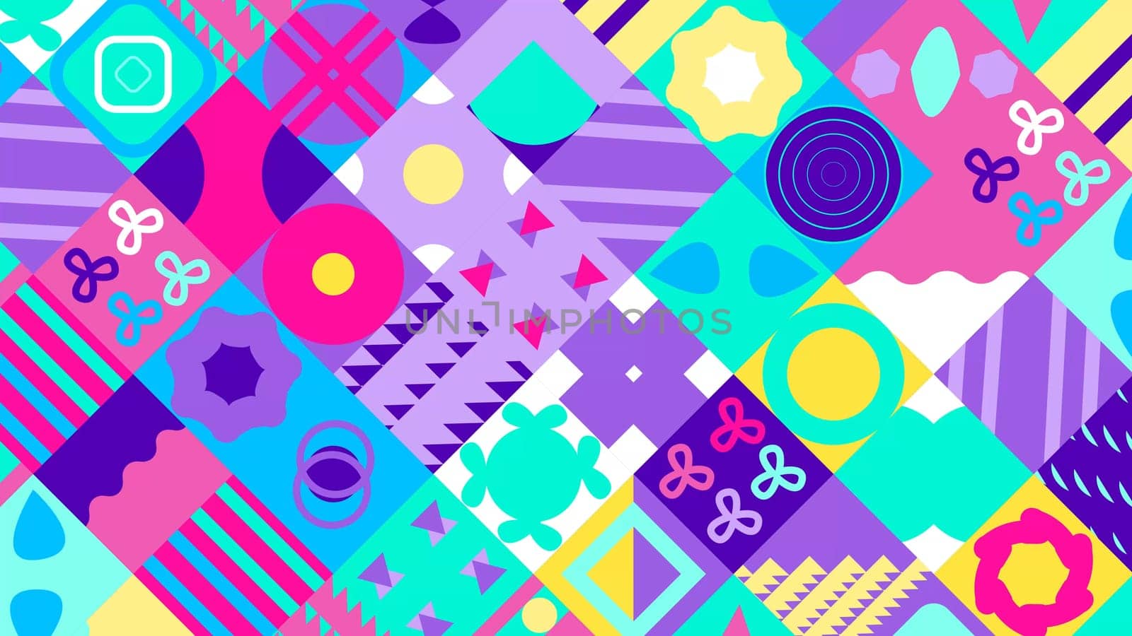 Seamless Pattern of Pop and Colorful Abstract Geometric Shape. Blue pink purple and yellow color.