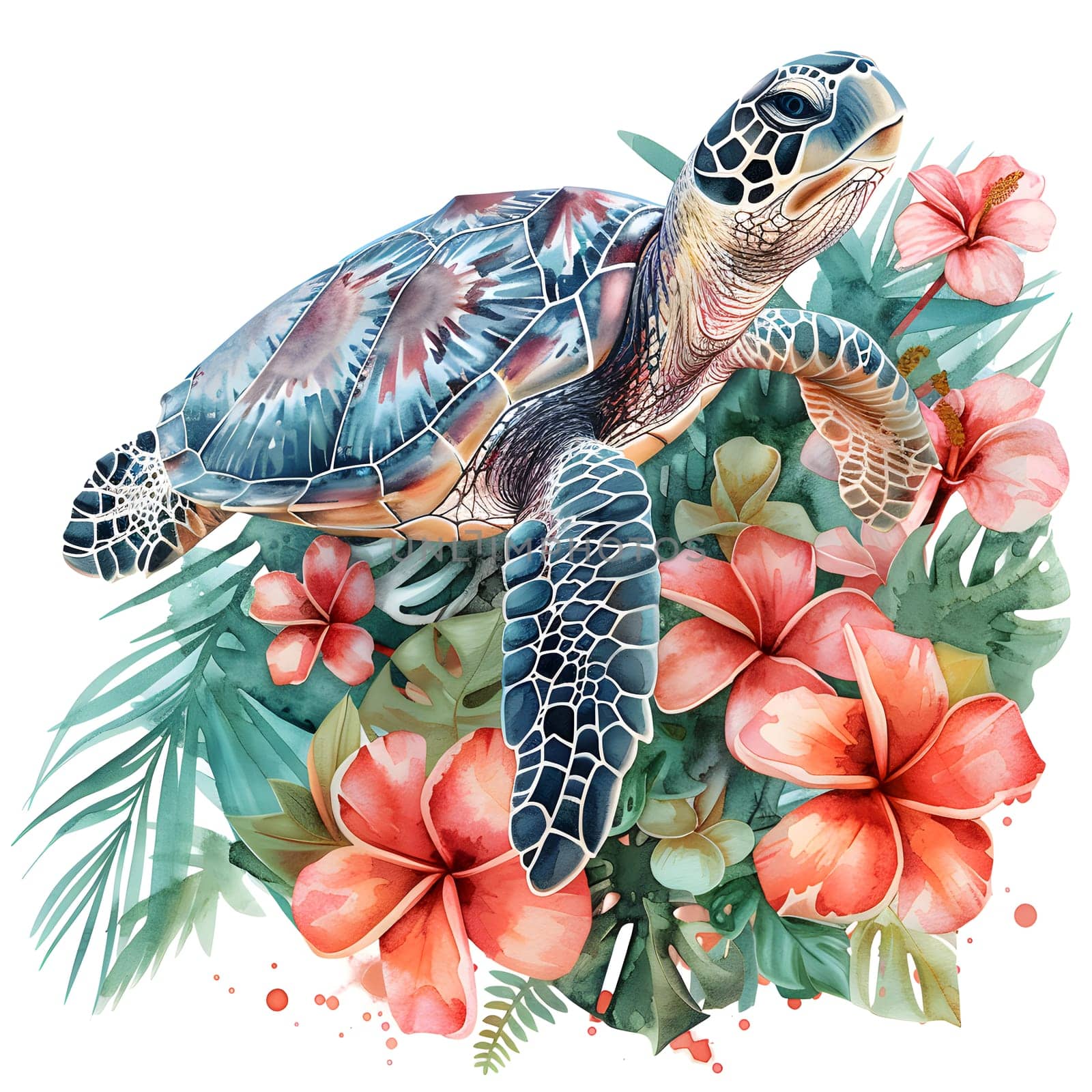 A sea turtle amidst tropical flowers and leaves, a creative arts illustration by Nadtochiy
