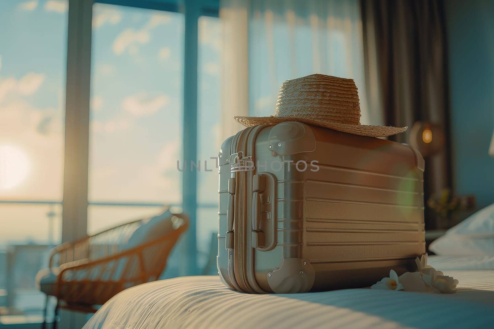 Traveler suitcase with hat on the bed in the bedroom, summer holiday, summer travel trip by nijieimu