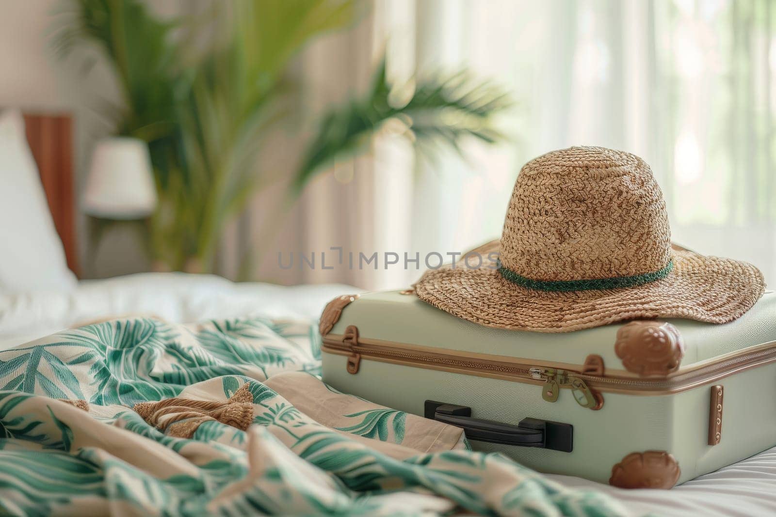 Traveler suitcase with hat on the bed in the bedroom, summer holiday, summer travel trip.
