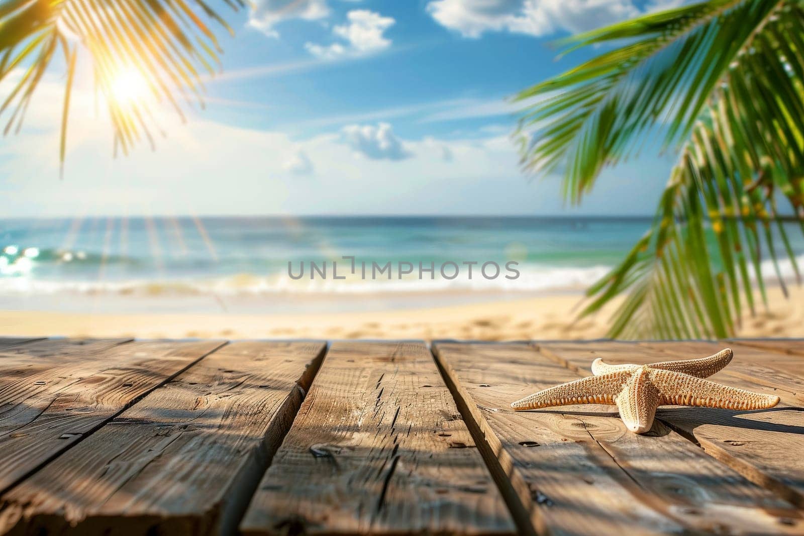 rustic wooden table at the beach with Summer theme background with decorations.