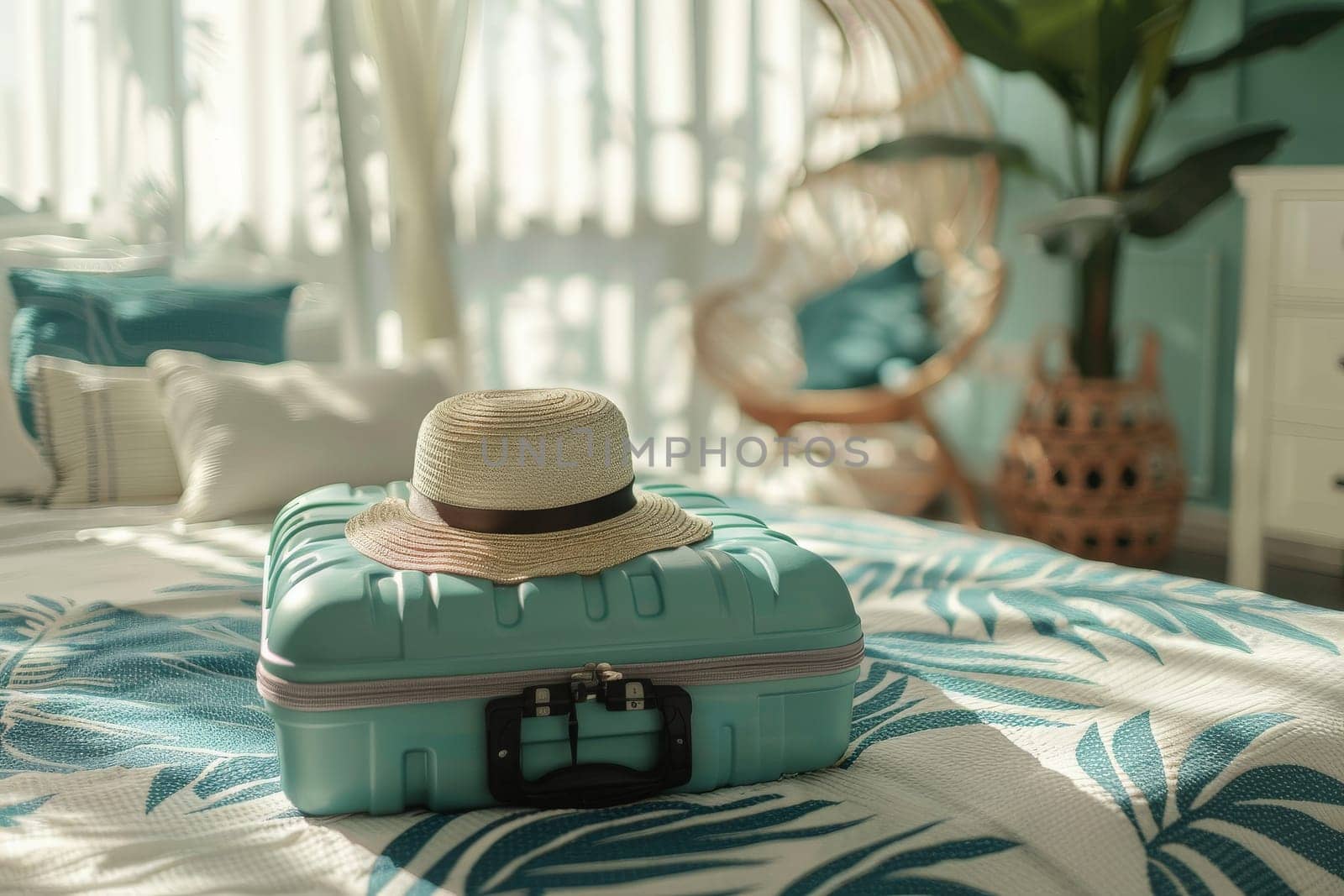 Traveler suitcase with hat on the bed in the bedroom, summer holiday, summer travel trip by nijieimu