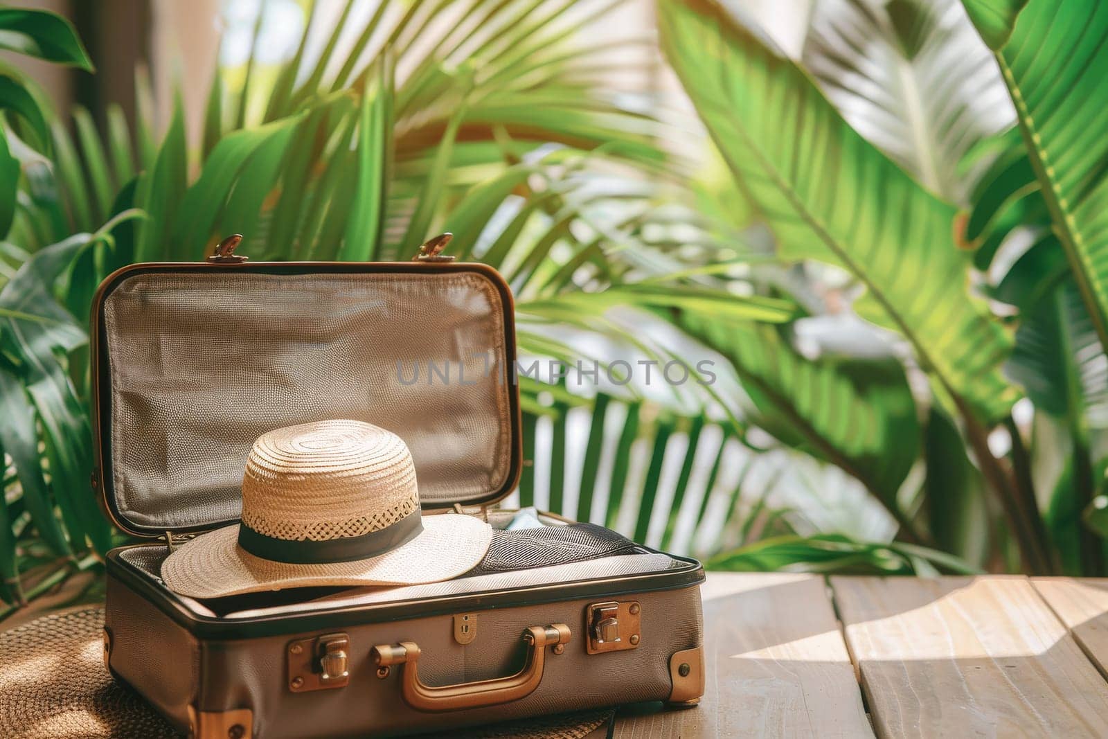 traveler suitcase and hat on summer holidays Background, summer travel trip.