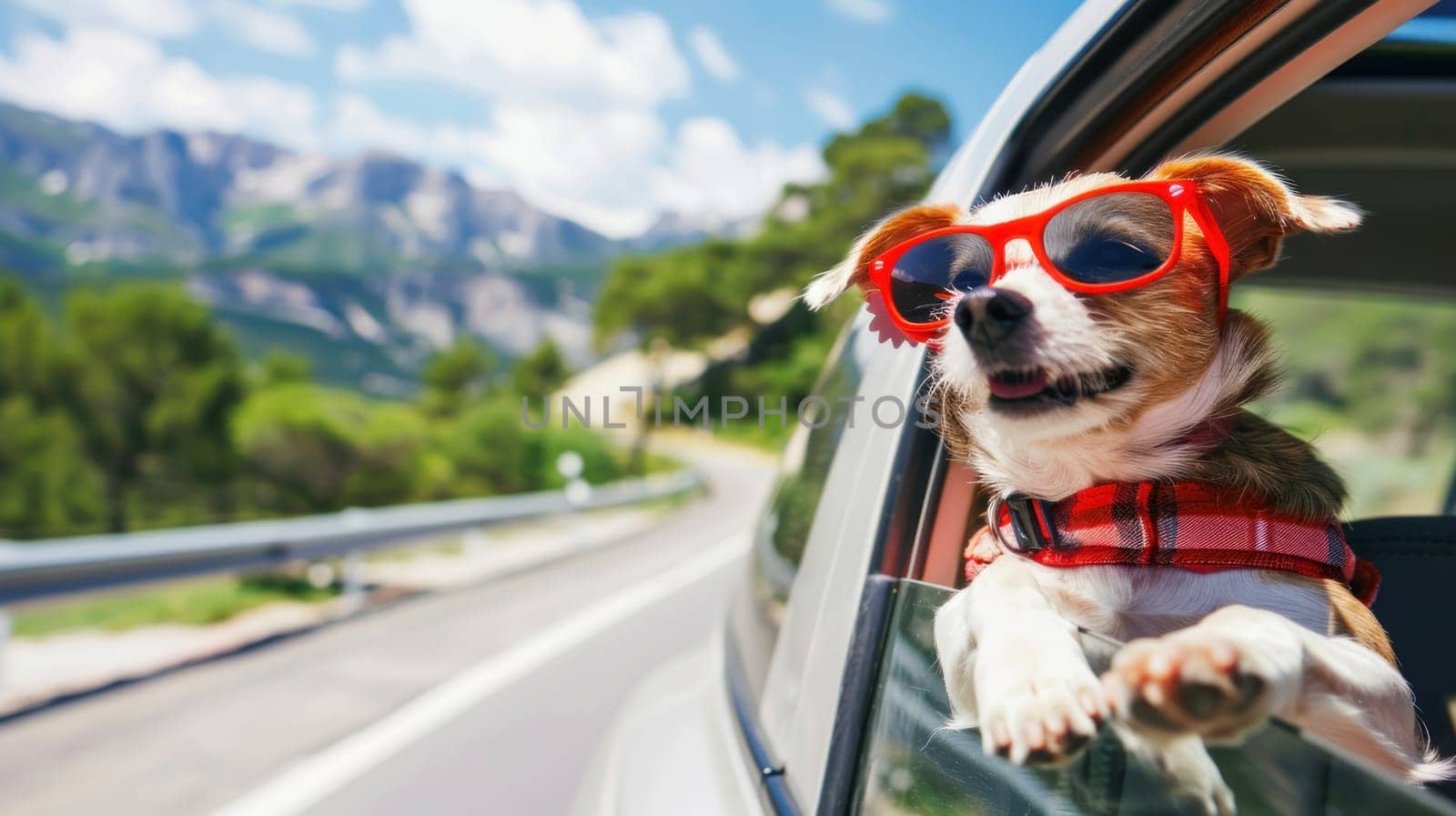 A dog is sitting in a car window with sunglasses on by golfmerrymaker