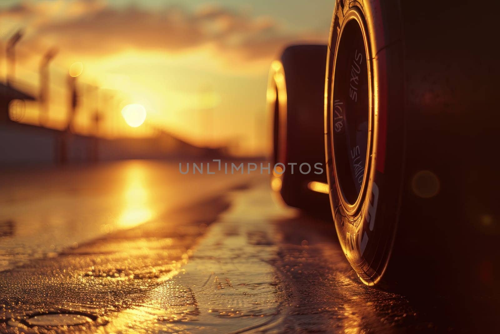 A tire is shown in front of a sunset, with the sun in the background by golfmerrymaker