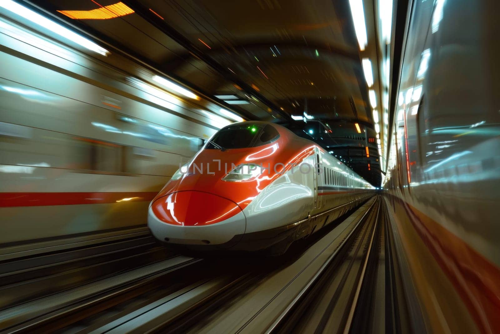 A train is traveling through a tunnel. The train is red and white