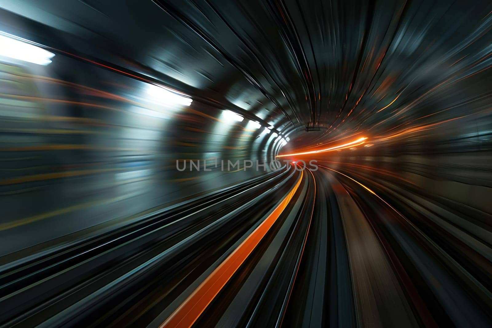 A tunnel with a train going through it. The tunnel is dark and the train is moving quickly