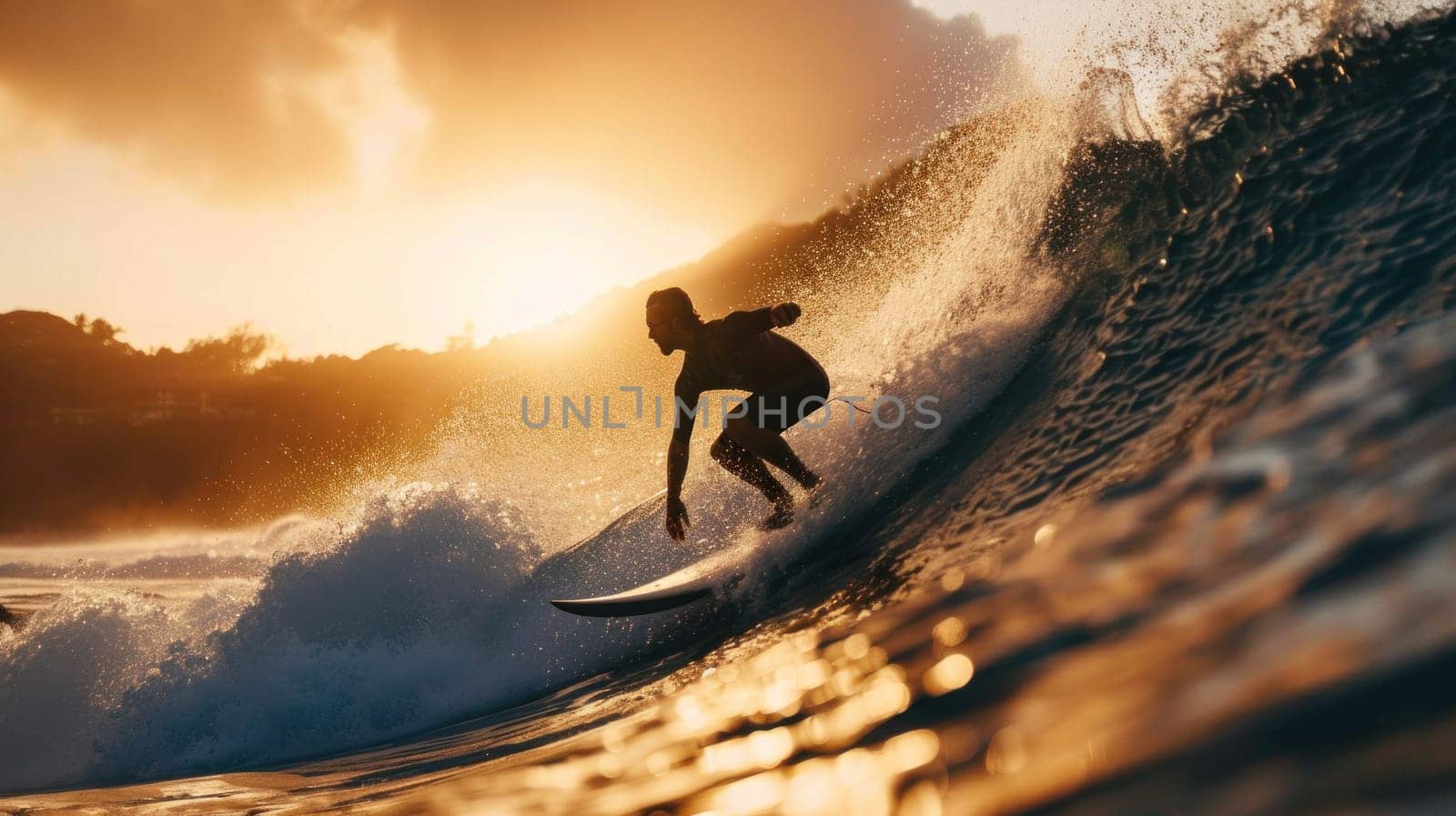 A surfer is riding a wave in the ocean. The sun is setting in the background, casting a warm glow on the water. The surfer is focused on maintaining his balance and riding the wave
